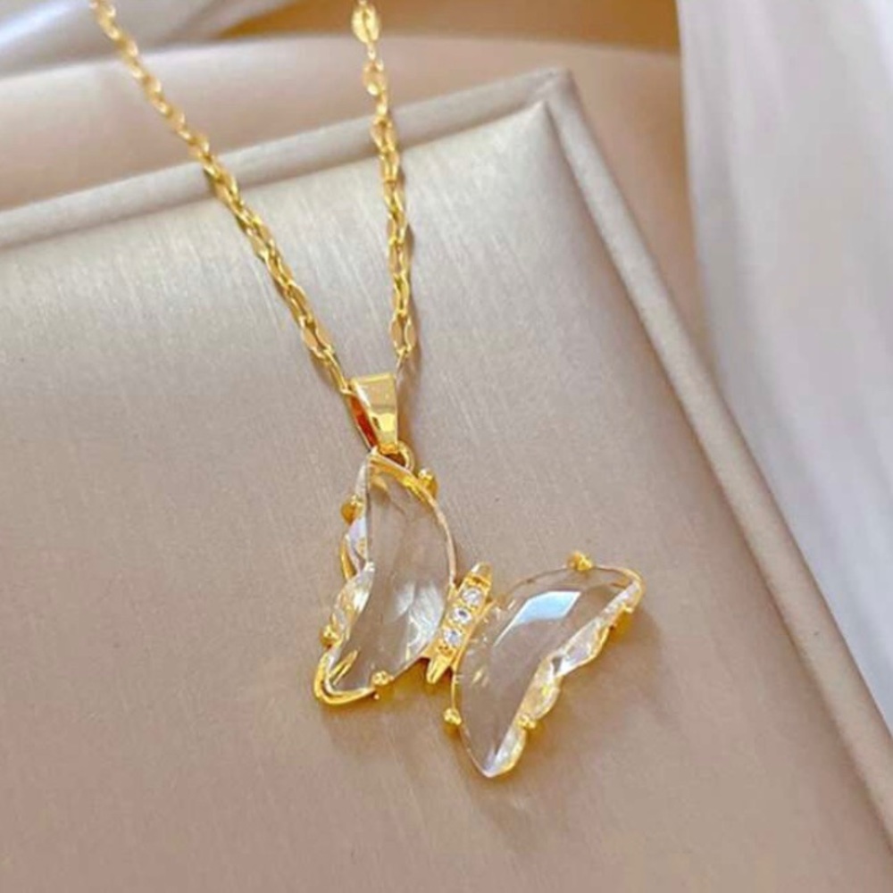 Butterfly Necklace Stainless Steel Chain Womens Girls Gold Crystal Charm Jewelry
